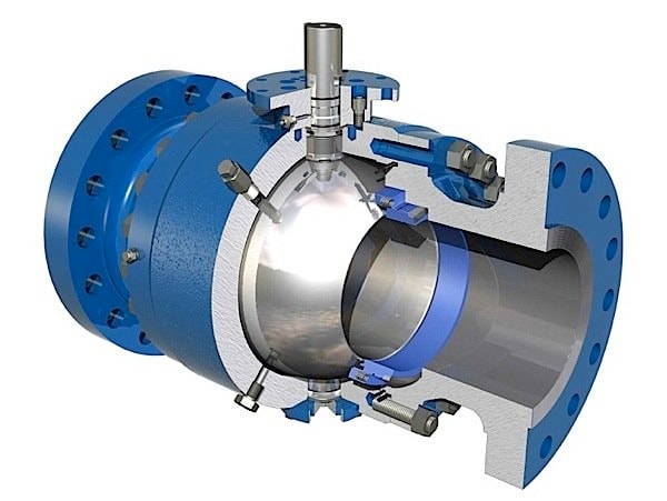 Cutaway view showing the ball and flow passage inside an industrial valve