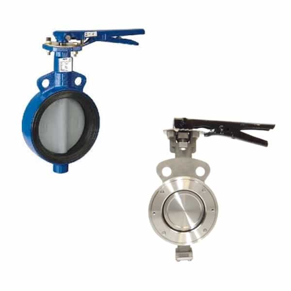 Wafer-style butterfly valves with lever actuation