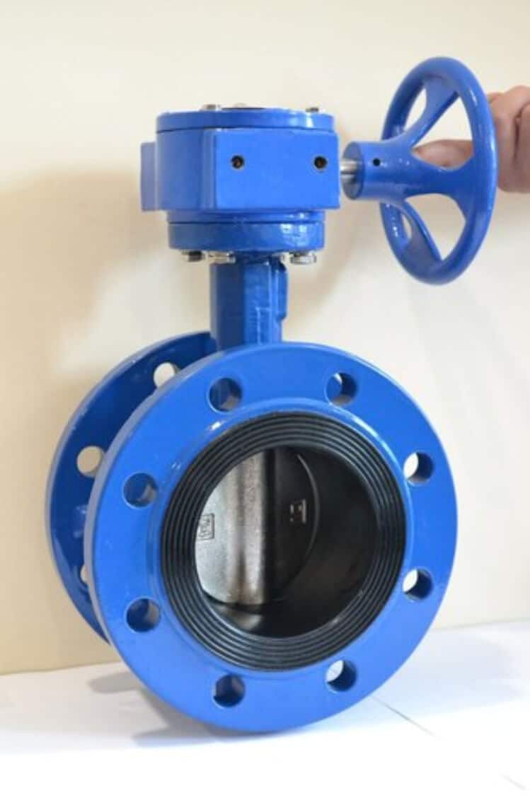 Blue flanged butterfly valve with gear-box actuation